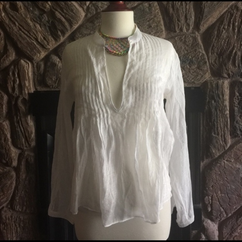 Sheer White shirt with pleats V neckline